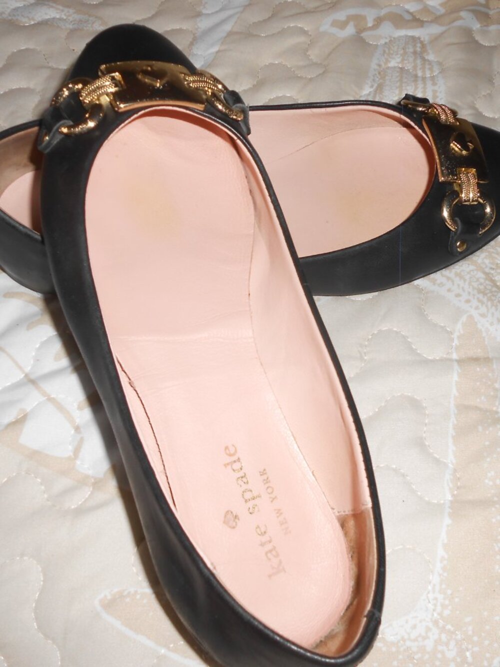 Girl/Womens Sz 5.5 Kate Spade Phoebe Black Leather Gold Buckle Ballet Flats GC